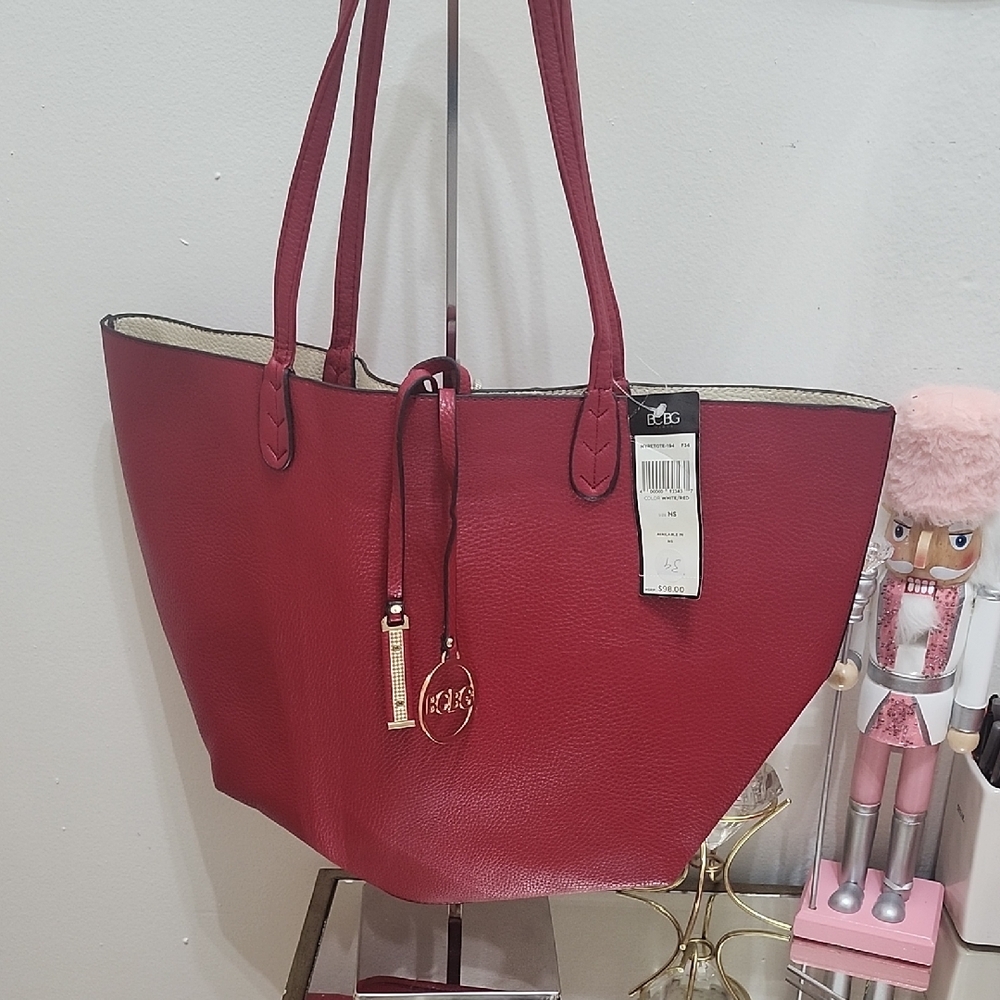 BCBG Red Leather Tote with Charm Pendant